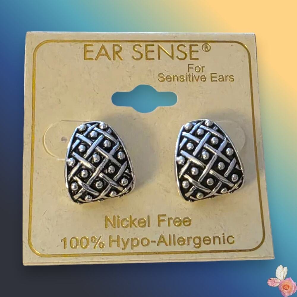 Ear Sense Textured Lattice Post Earrings Silver Tone Nickel-Free 193